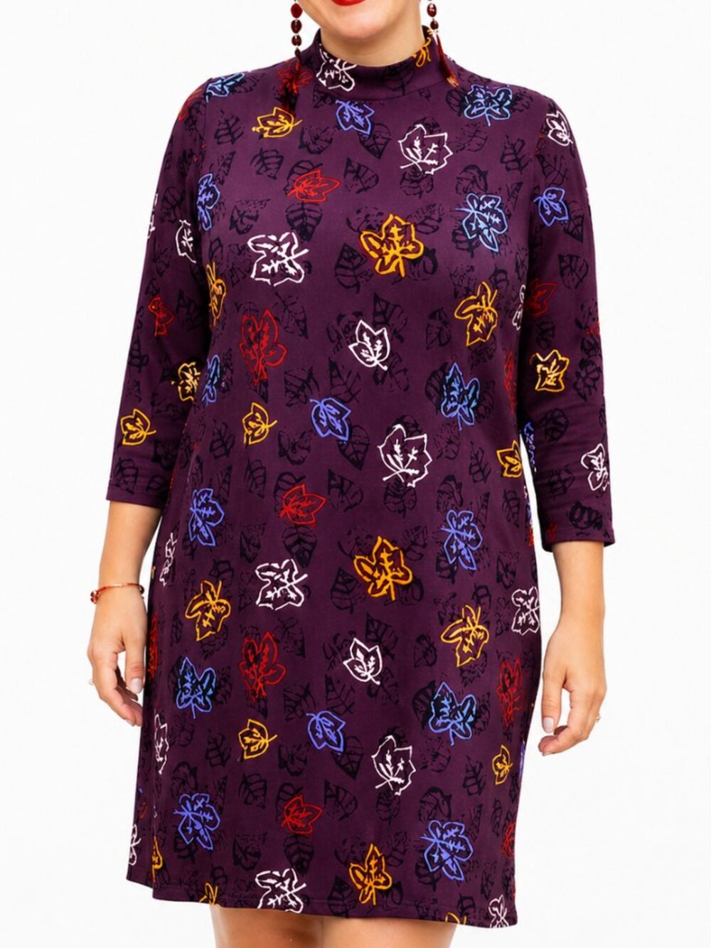 Medium fall leaf pattern purple dress with 3/4 sleeve & mock neck. Casual Comfy